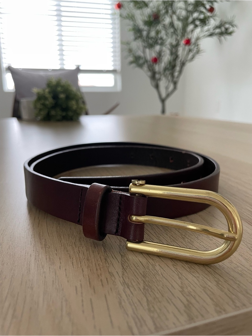 J. Crew Burgundy Leather Belt with Gold Buckle
